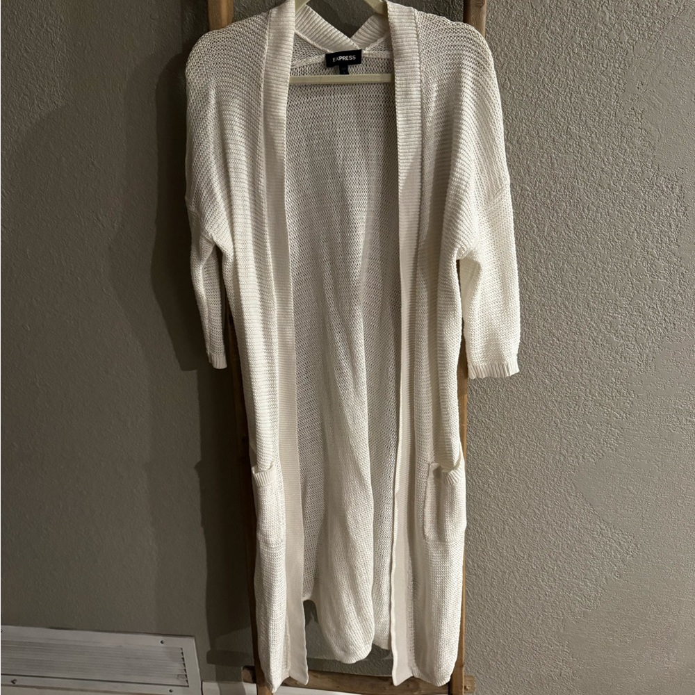 Express Cream Open-Front Long Knit Cardigan duster with Pockets